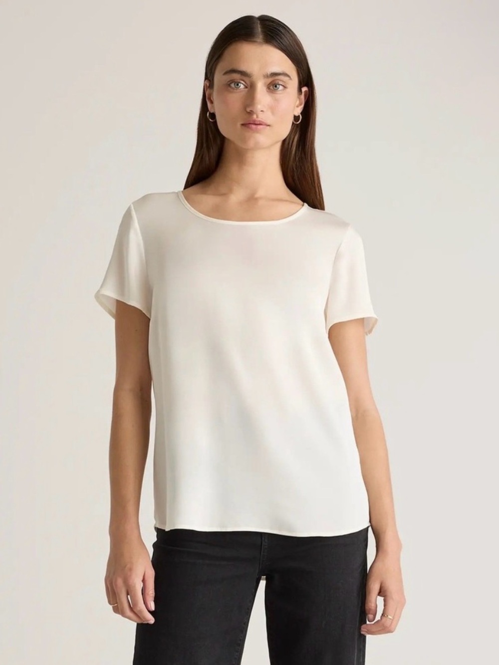 Quince Washable Stretch Silk Tee Ivory Short Sleeve Blouse Capsule Minimalist XL